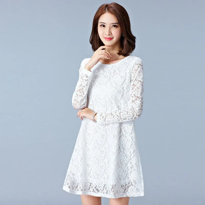 Dresses Plus Size Women Clothing Hollow Out Lace Dress Long Sleeve Ladies Office Dress Black #F139