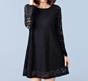Dresses Plus Size Women Clothing Hollow Out Lace Dress Long Sleeve Ladies Office Dress Black #F139