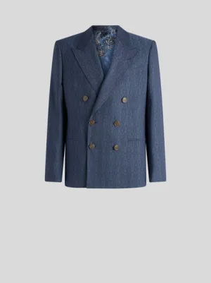 Dual-Material Double-Breasted Blazer