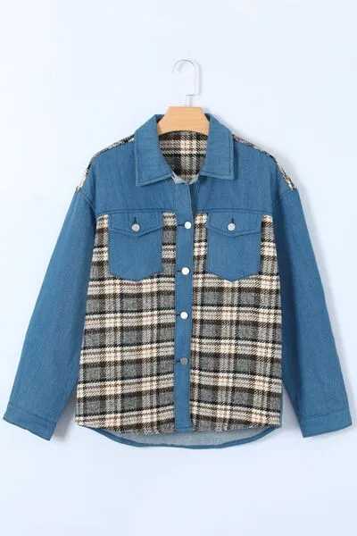 Elysa Plaid Pocketed Button Up Denim Jacket
