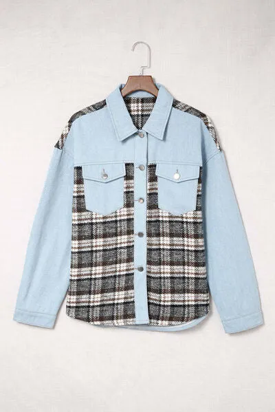 Elysa Plaid Pocketed Button Up Denim Jacket