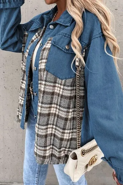 Elysa Plaid Pocketed Button Up Denim Jacket