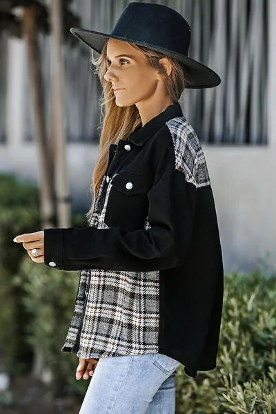 Elysa Plaid Pocketed Button Up Denim Jacket