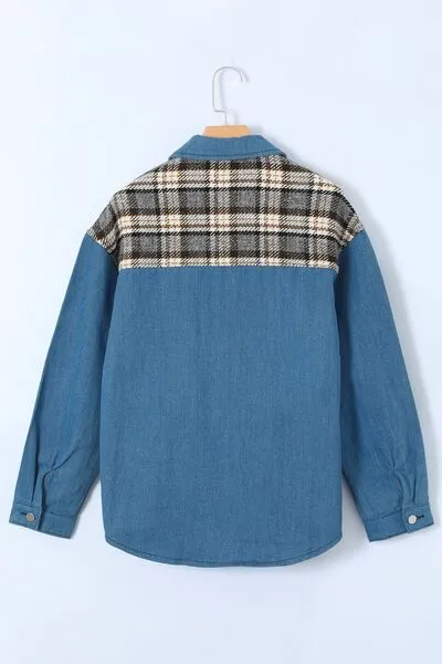 Elysa Plaid Pocketed Button Up Denim Jacket