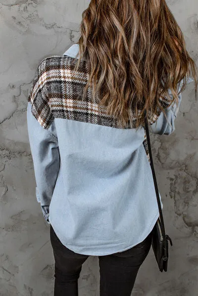 Elysa Plaid Pocketed Button Up Denim Jacket