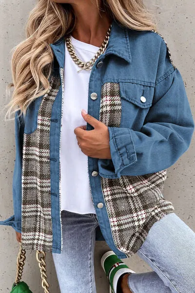 Elysa Plaid Pocketed Button Up Denim Jacket