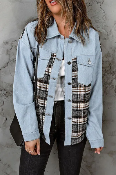 Elysa Plaid Pocketed Button Up Denim Jacket