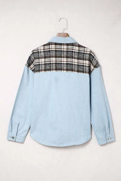 Elysa Plaid Pocketed Button Up Denim Jacket