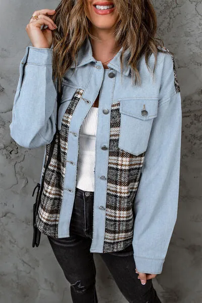 Elysa Plaid Pocketed Button Up Denim Jacket