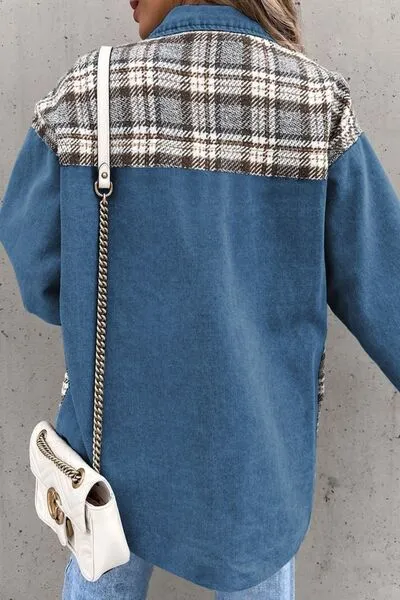 Elysa Plaid Pocketed Button Up Denim Jacket