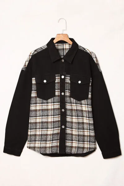 Elysa Plaid Pocketed Button Up Denim Jacket