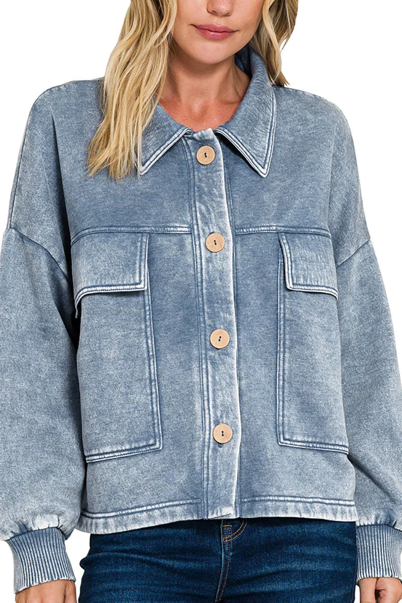 Embrace the Chill Dusty Blue Acid Wash Cropped Shacket