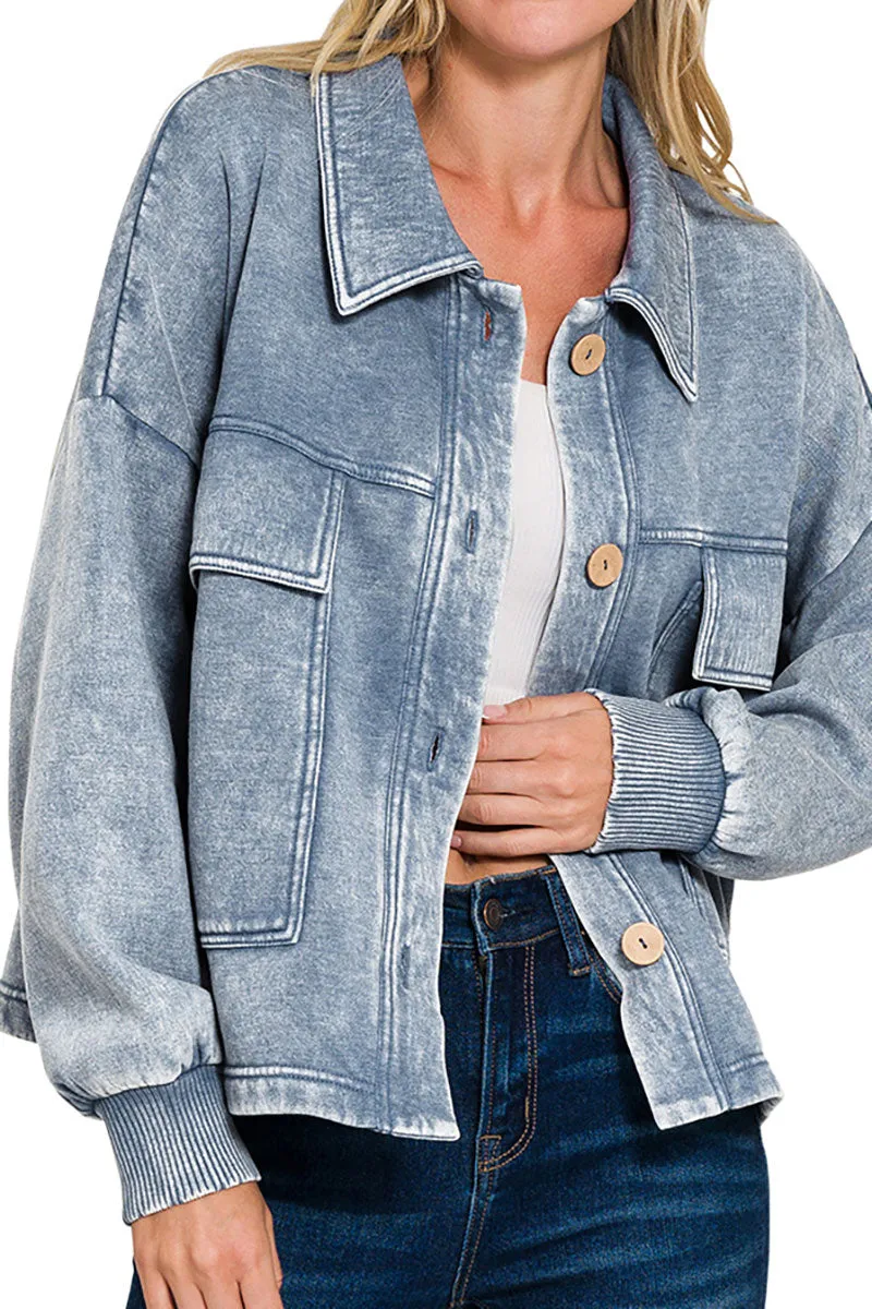 Embrace the Chill Dusty Blue Acid Wash Cropped Shacket