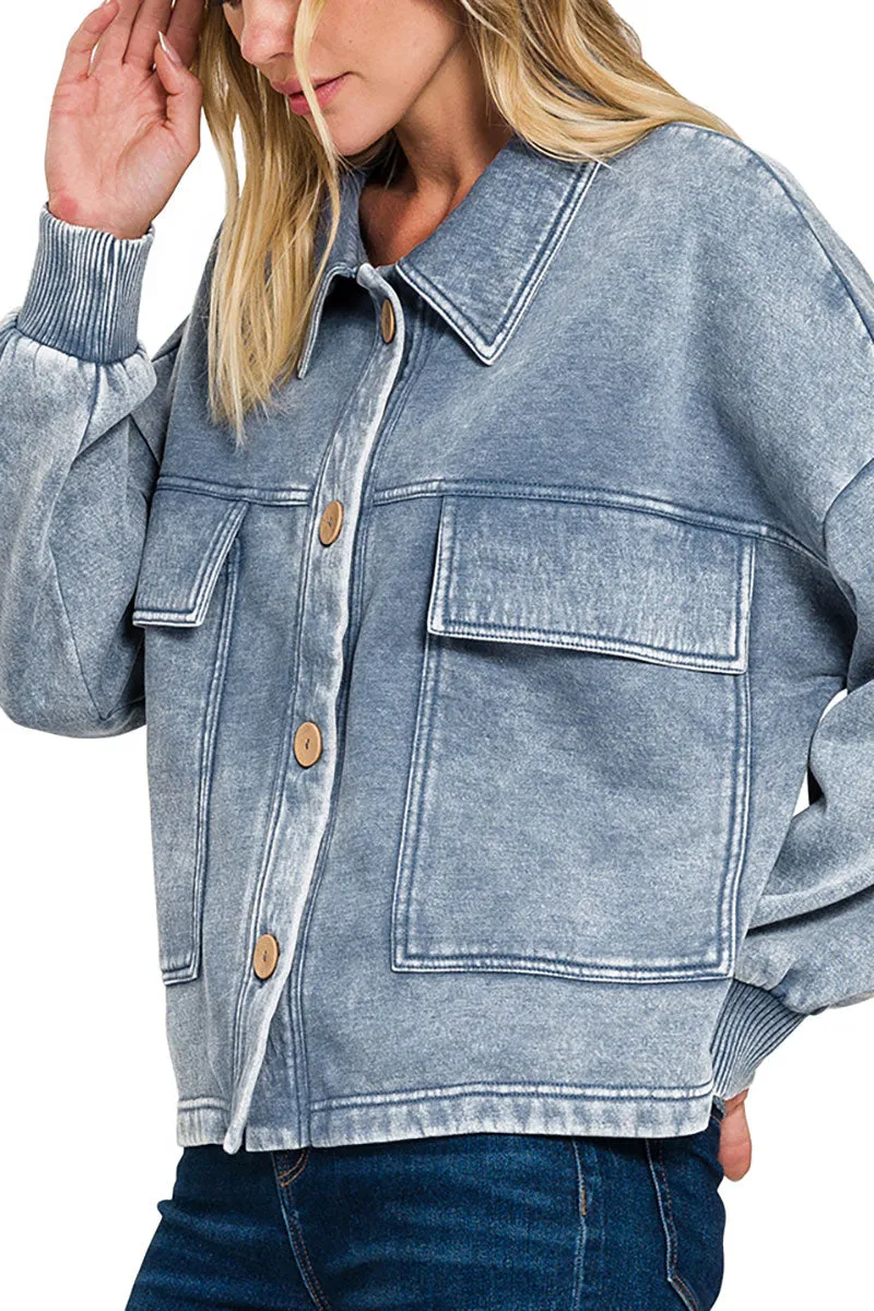 Embrace the Chill Dusty Blue Acid Wash Cropped Shacket