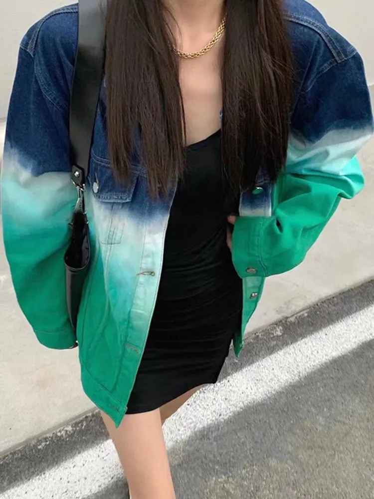 Fashion Women Lapel Long Sleeve Straight Loose Denim Jackets