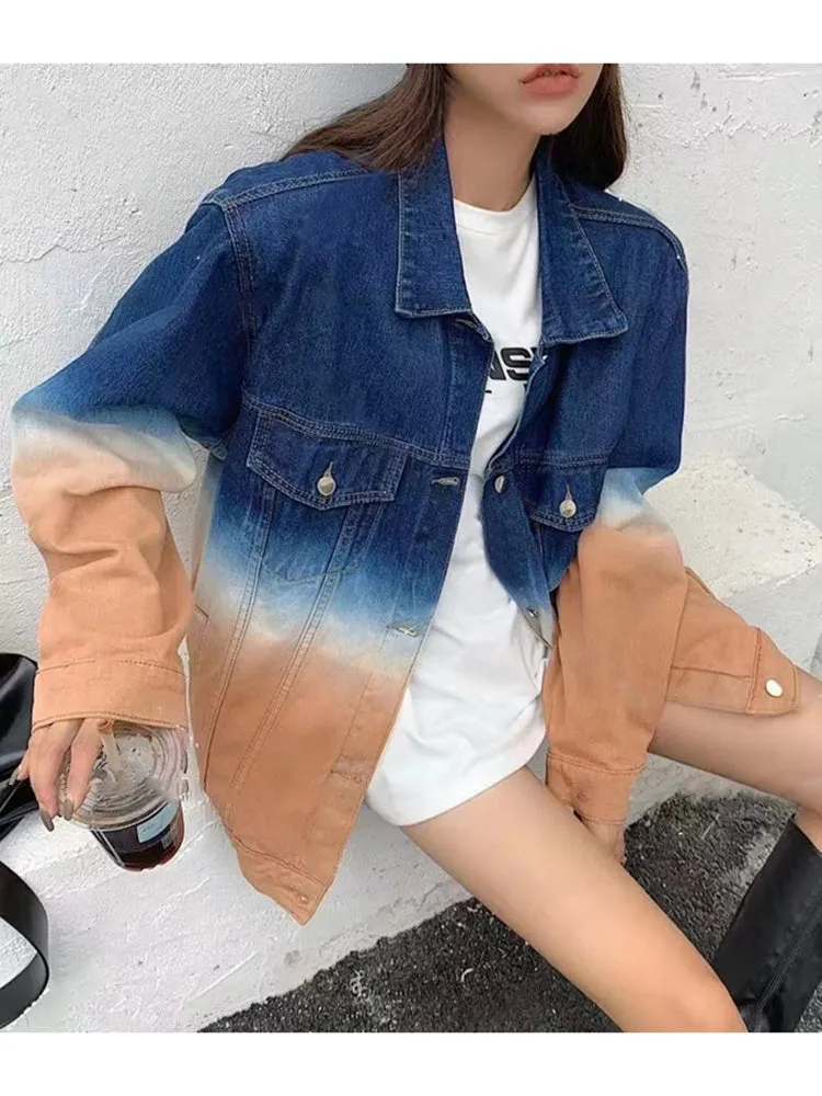 Fashion Women Lapel Long Sleeve Straight Loose Denim Jackets