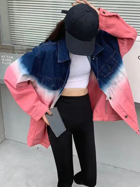 Fashion Women Lapel Long Sleeve Straight Loose Denim Jackets