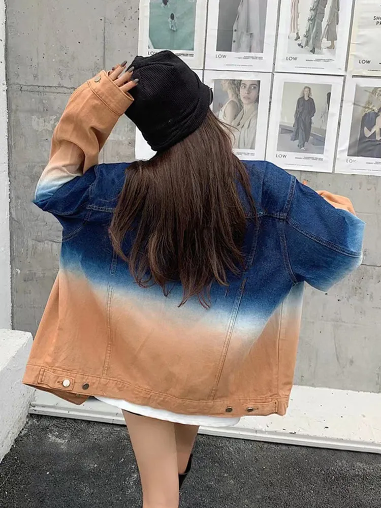 Fashion Women Lapel Long Sleeve Straight Loose Denim Jackets
