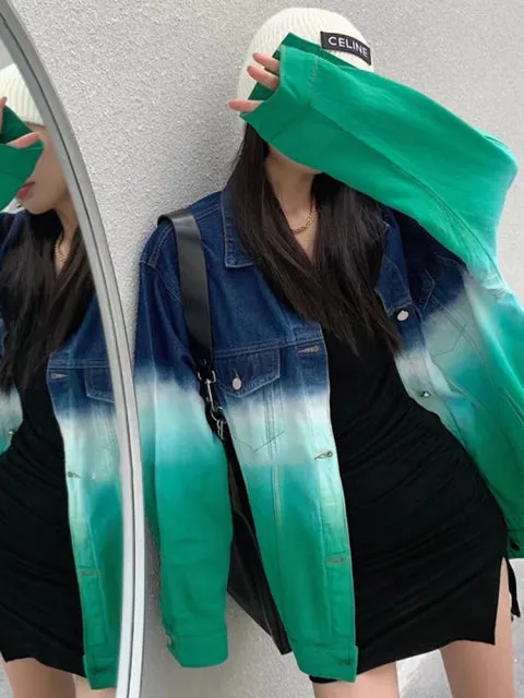Fashion Women Lapel Long Sleeve Straight Loose Denim Jackets