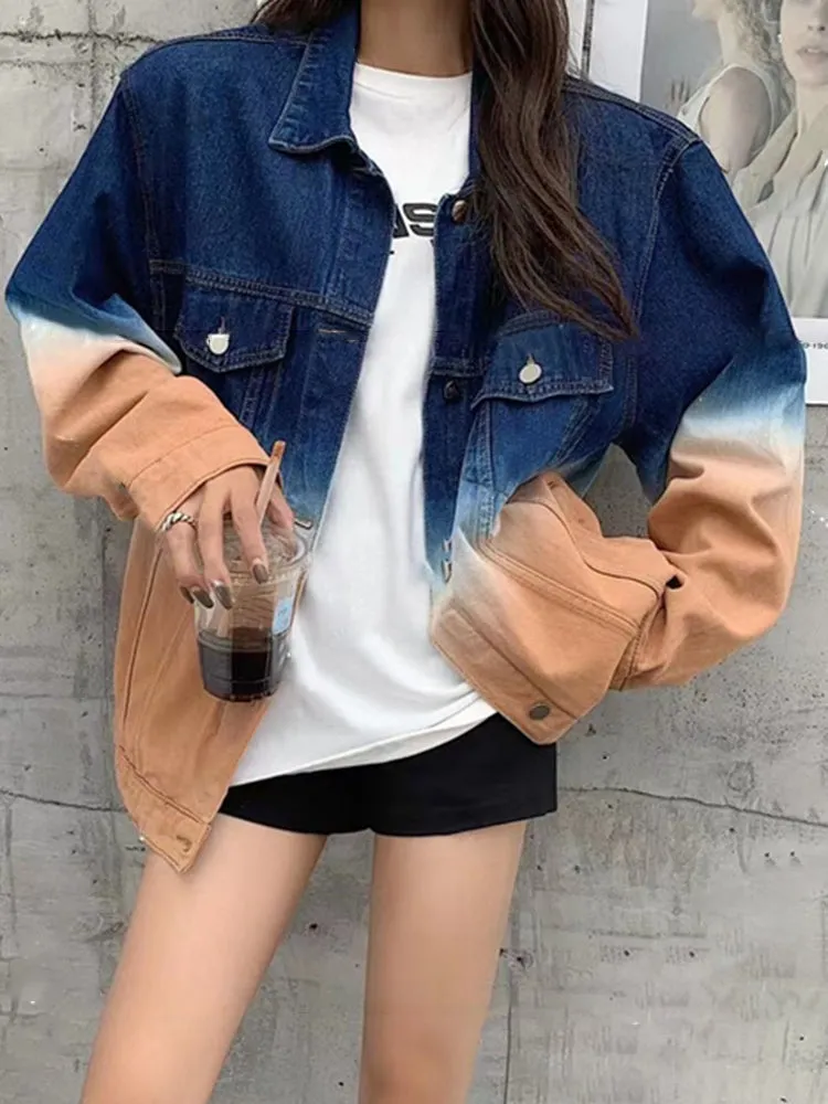 Fashion Women Lapel Long Sleeve Straight Loose Denim Jackets