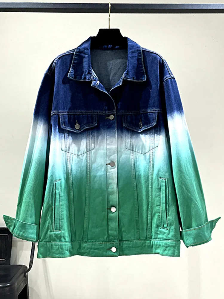 Fashion Women Lapel Long Sleeve Straight Loose Denim Jackets
