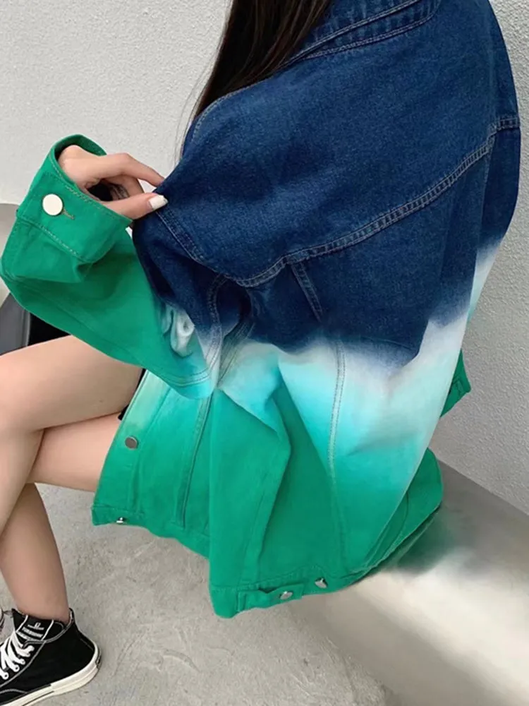 Fashion Women Lapel Long Sleeve Straight Loose Denim Jackets