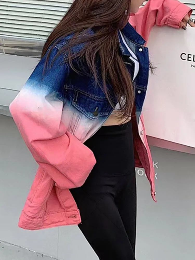 Fashion Women Lapel Long Sleeve Straight Loose Denim Jackets