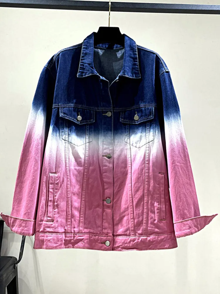 Fashion Women Lapel Long Sleeve Straight Loose Denim Jackets