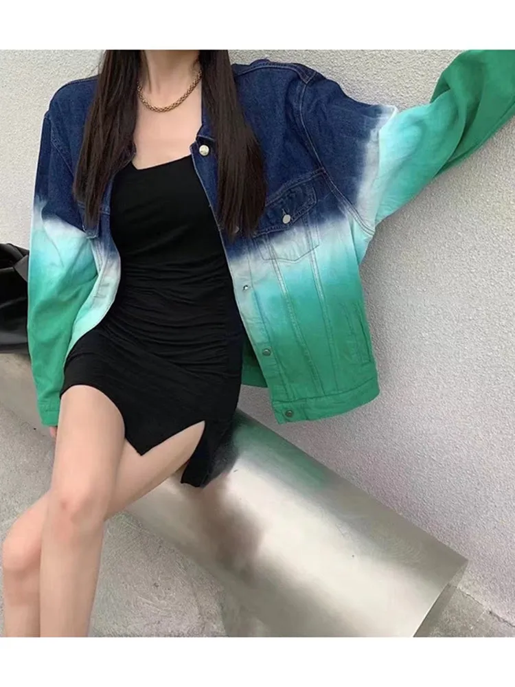 Fashion Women Lapel Long Sleeve Straight Loose Denim Jackets