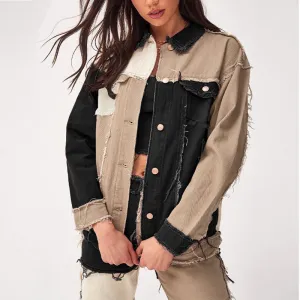 Fashion Women's Patchwork Jackets Lapel Two Tone Denim Jackets