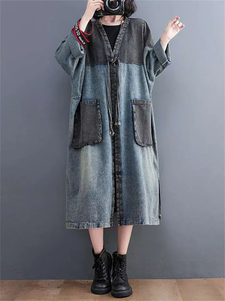 Female Lace-up One Button Mid-length Vintage Splicing Jacket