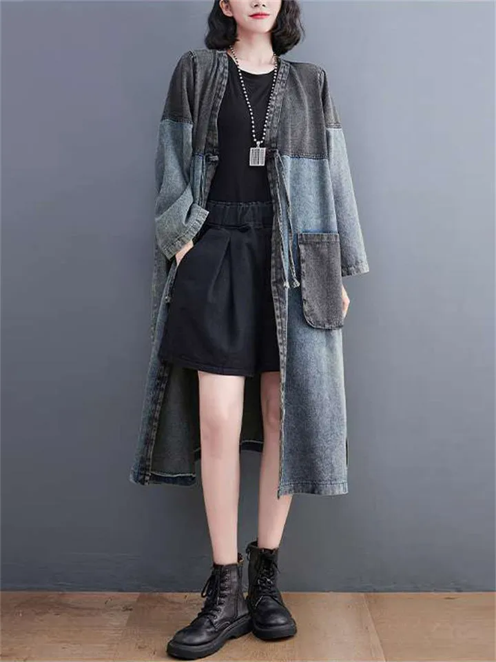 Female Lace-up One Button Mid-length Vintage Splicing Jacket