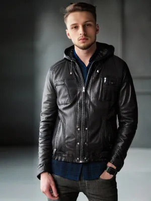 Funky Hooded Bomber Leather Jacket for Men