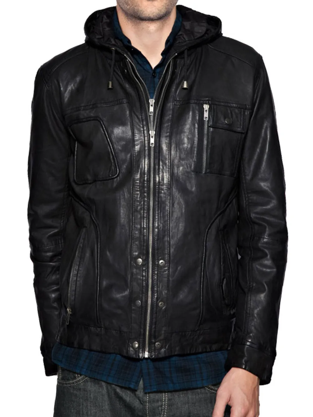 Funky Hooded Bomber Leather Jacket for Men