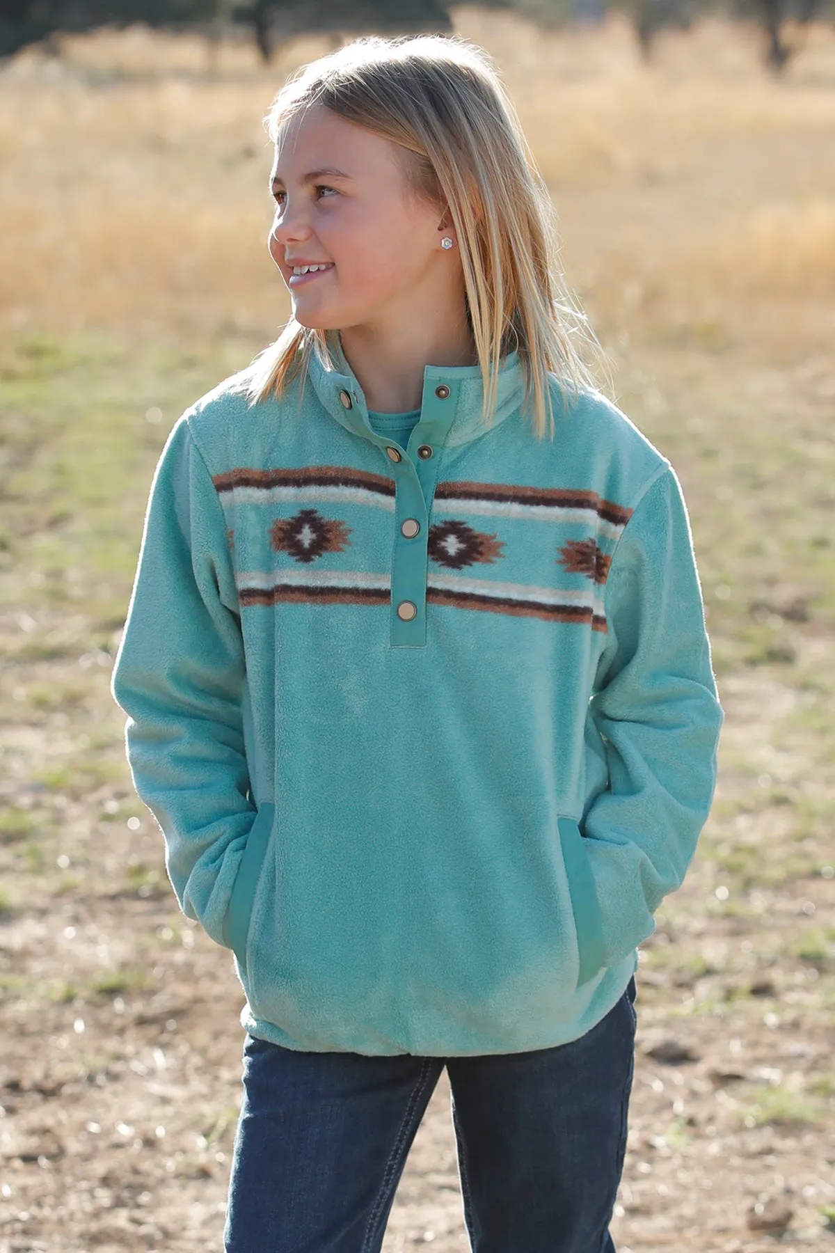 GIRLS TURQUOISE AZTEC FLEECE PULLOVER