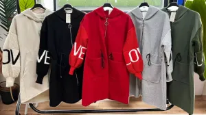 Grey Love Knit Sleeves Zipper Drawstring Coat