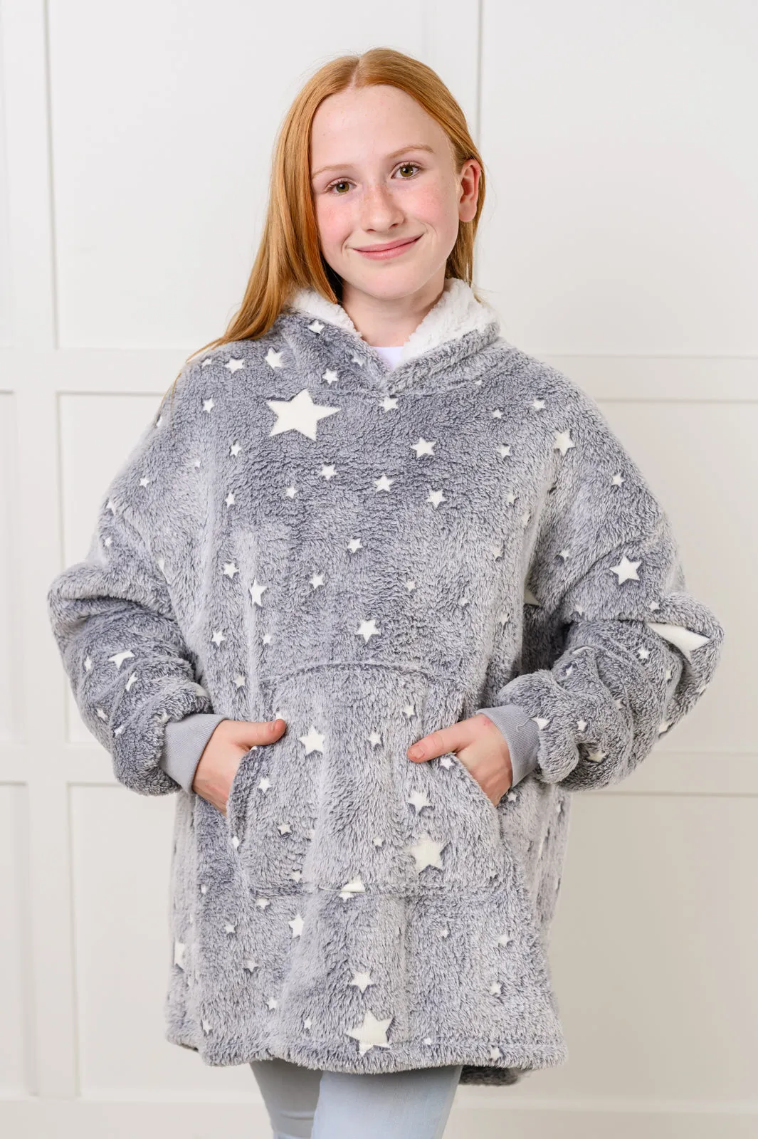 Hazel Blues® |  Kids Oversized Hoodie Blanket in Grey Stars