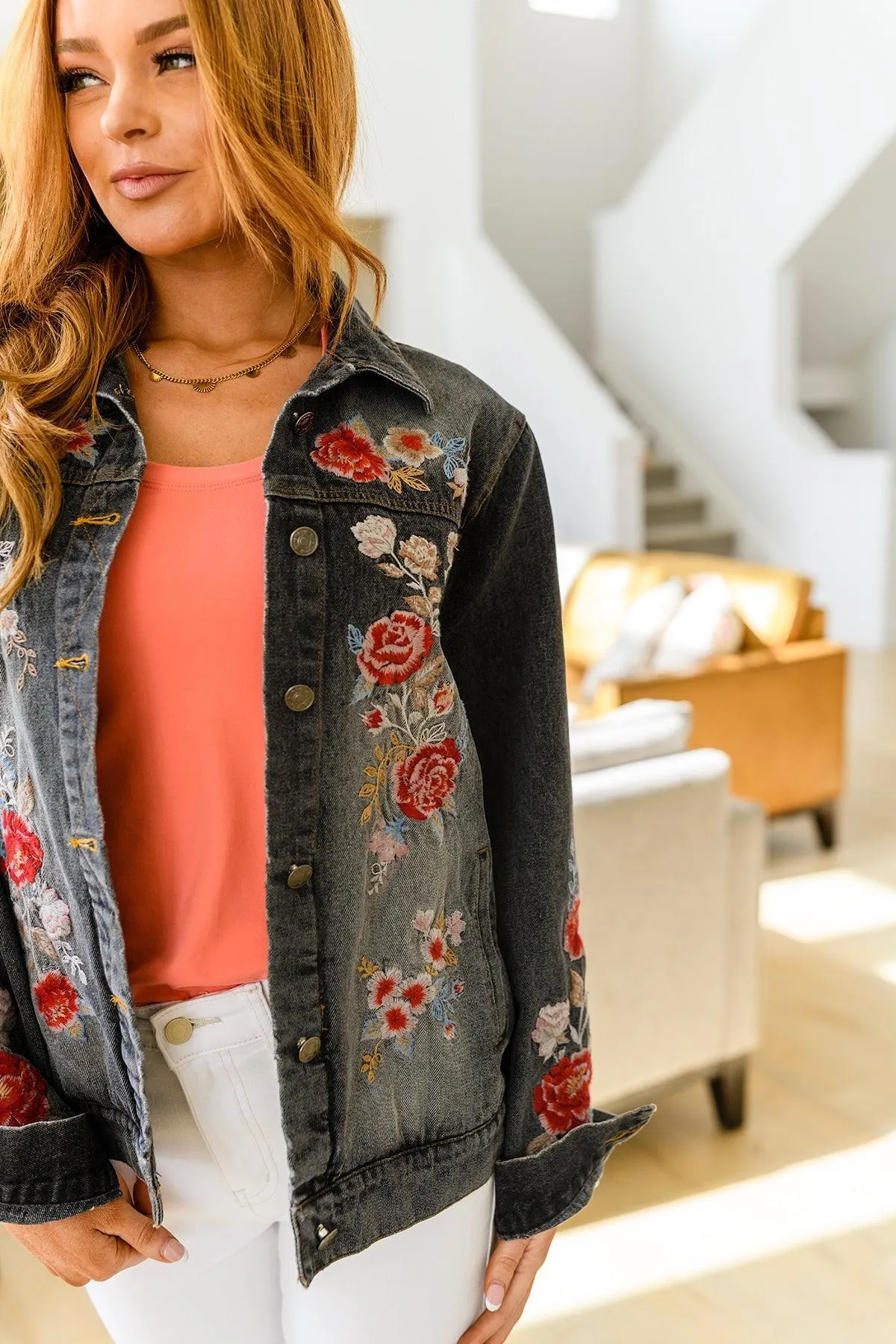 Hazel Blues® | Lovely Visions Flower Embroidered Jacket