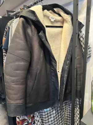 HELMUT LANG Brown and Black Trim Hooded Shearling Coat