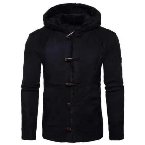 Hooded Horn Button Fleece Knitted Jacket - Black L