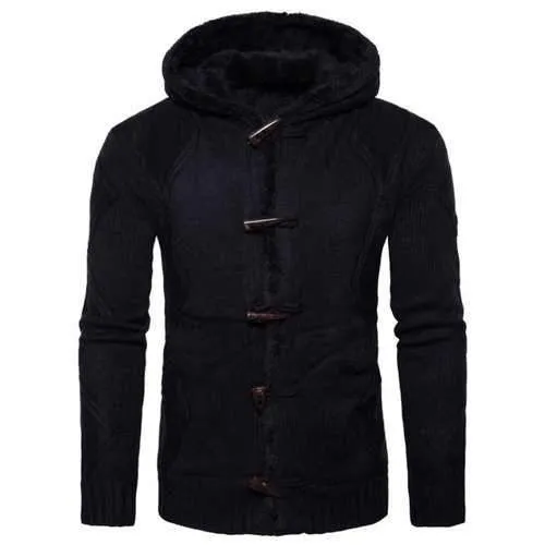 Hooded Horn Button Fleece Knitted Jacket - Black L