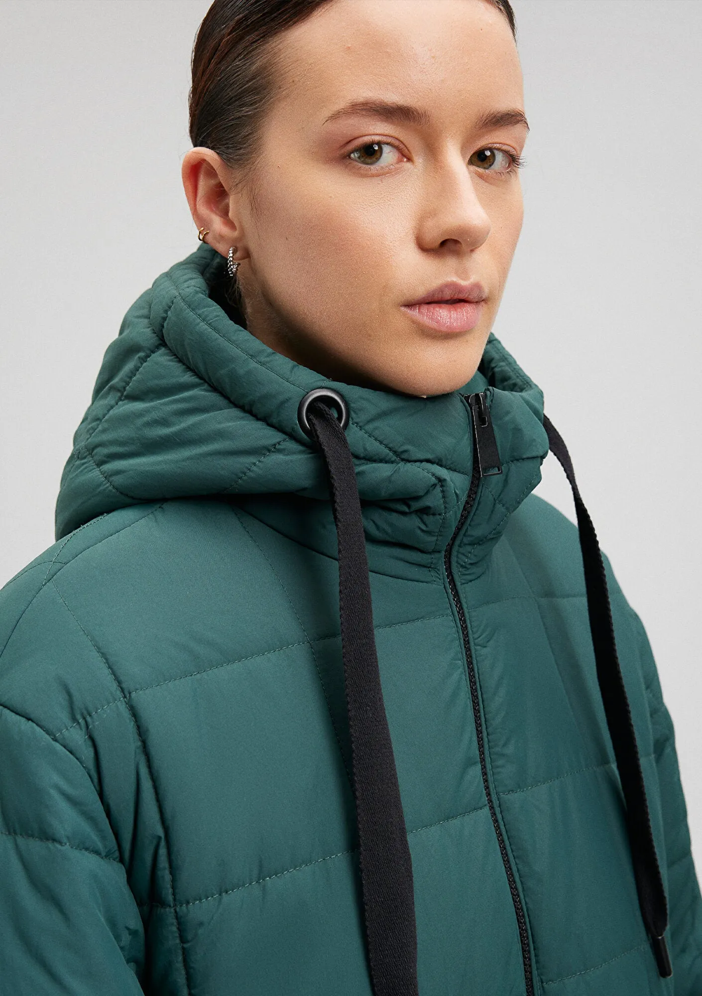Hooded Quilted Green Long Jacket