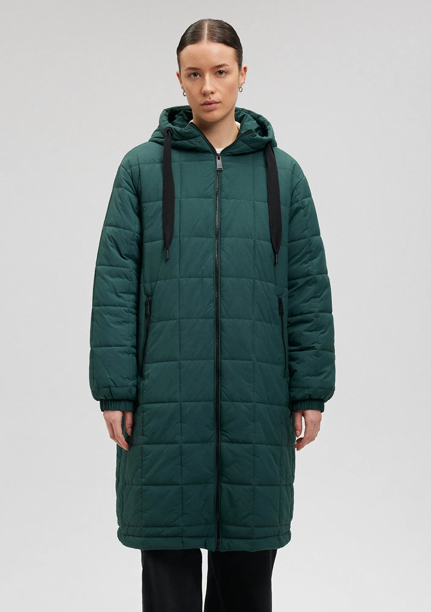 Hooded Quilted Green Long Jacket