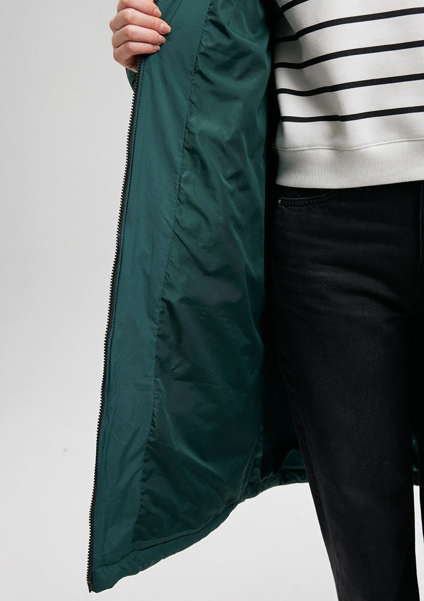 Hooded Quilted Green Long Jacket