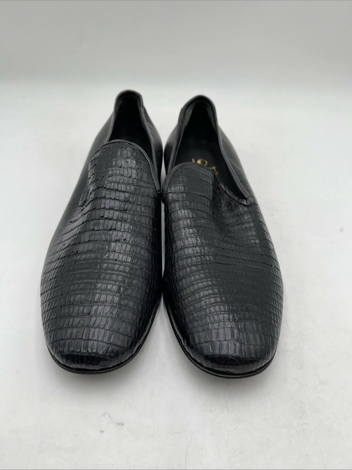 Jo Ghost Black Lizard Print Leather Round Toe Slip On Loafers Men’s Size 41.5 - Very Good