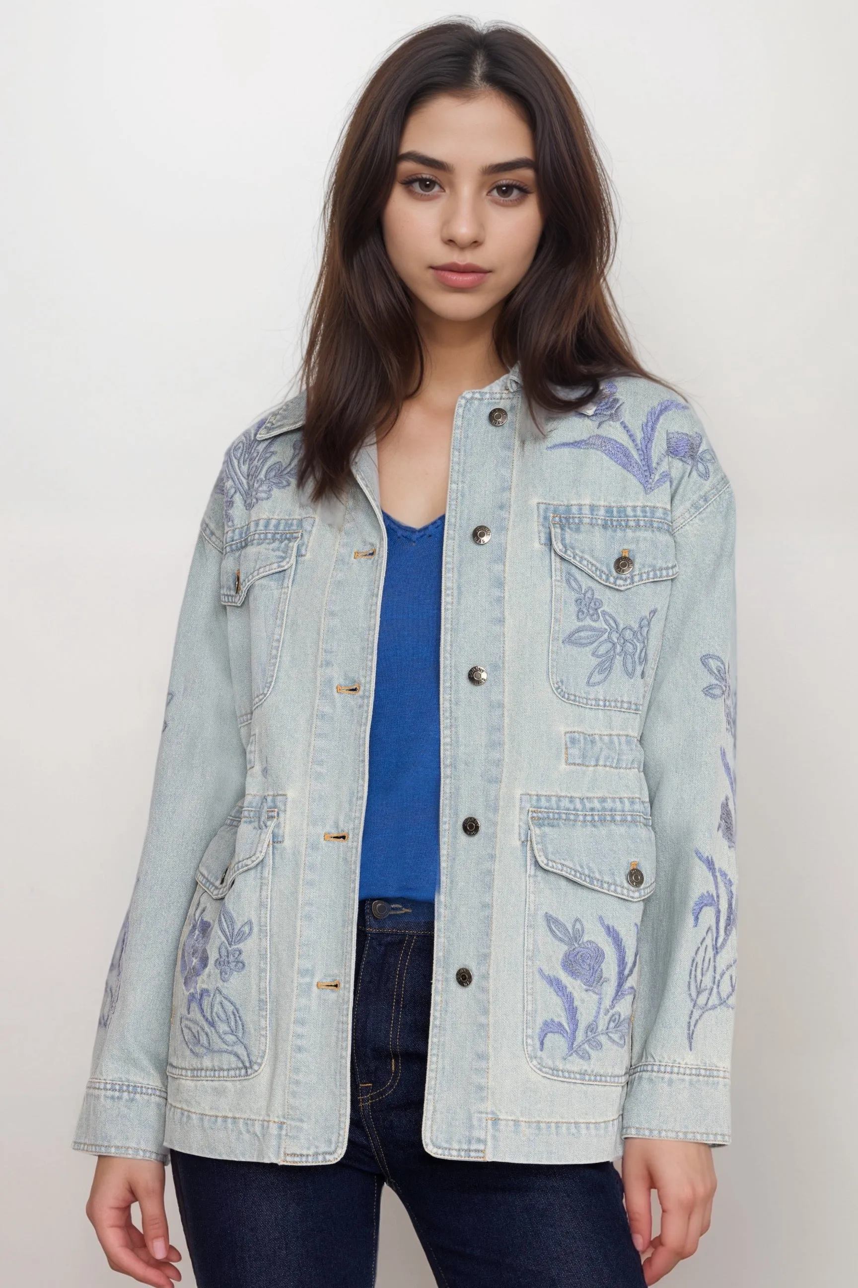 Johnny Was Workshop Blue Myra Cargo Denim Jacket W46924