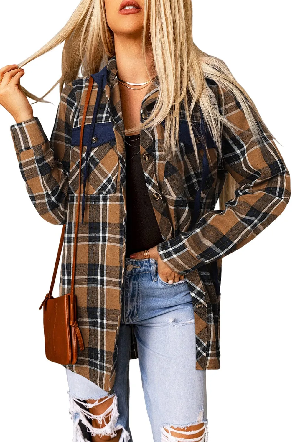 KaleaBoutique Contrast Hooded Drawstring Plaid Shacket