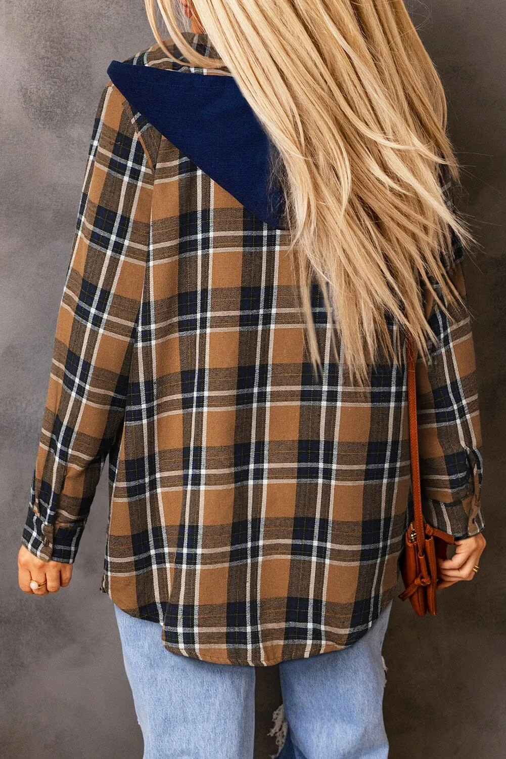 KaleaBoutique Contrast Hooded Drawstring Plaid Shacket
