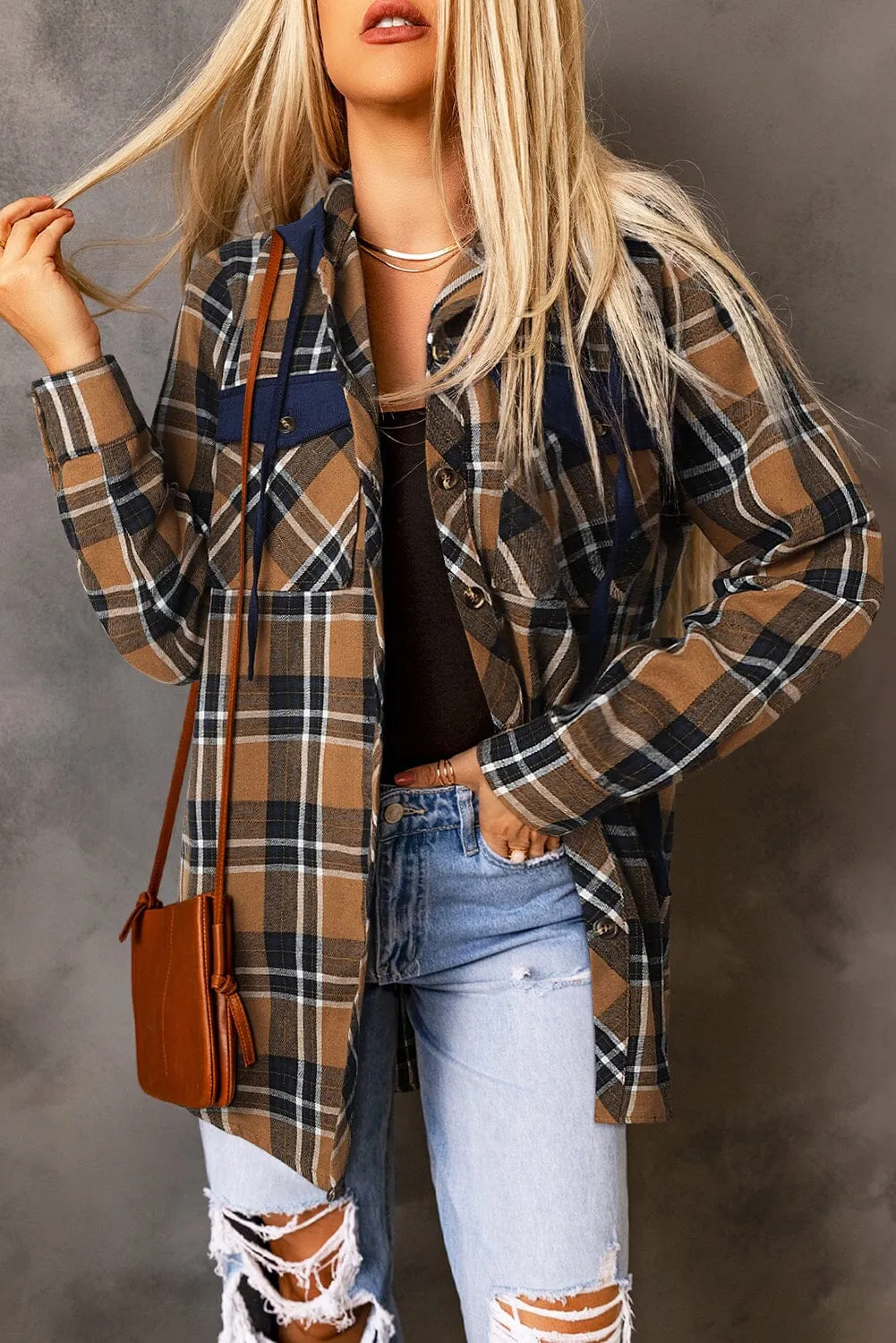 KaleaBoutique Contrast Hooded Drawstring Plaid Shacket