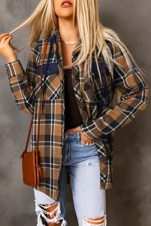 KaleaBoutique Contrast Hooded Drawstring Plaid Shacket